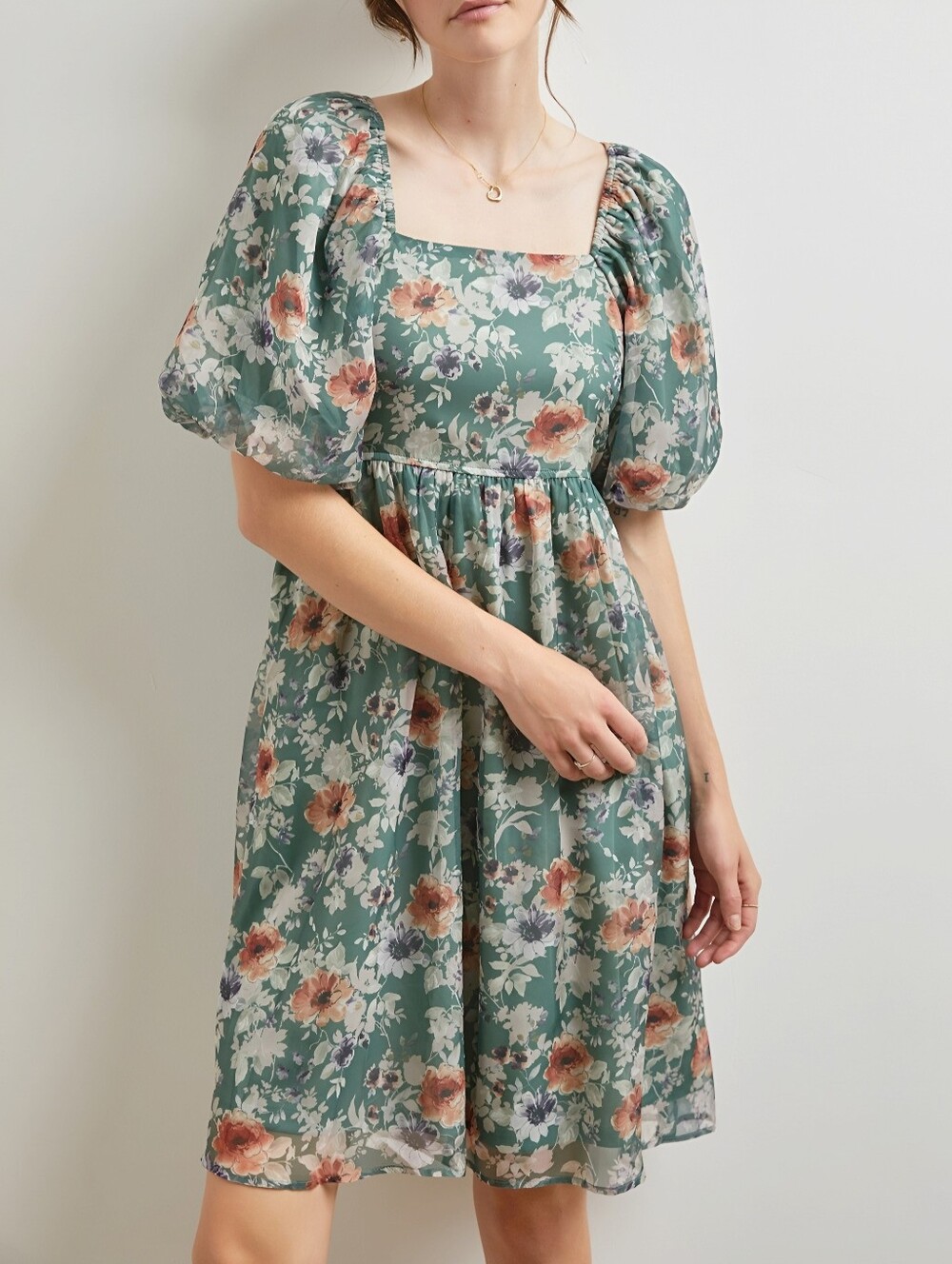 Polagram Green Floral Bubble Puff Sleeve Dress, S